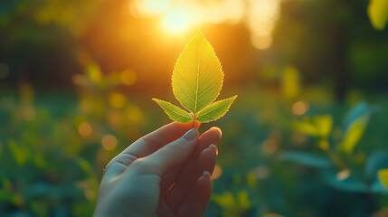 hand gently holds a green leaf, symbolizing connection with nature, sustainable energy, and environmental harmony. This image evokes themes of renewal, growth, and ecological care