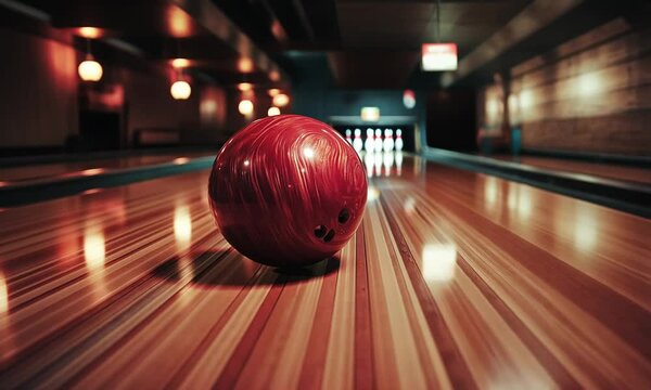 A red bowling ball on a polished wooden lane in a bowling alley.
