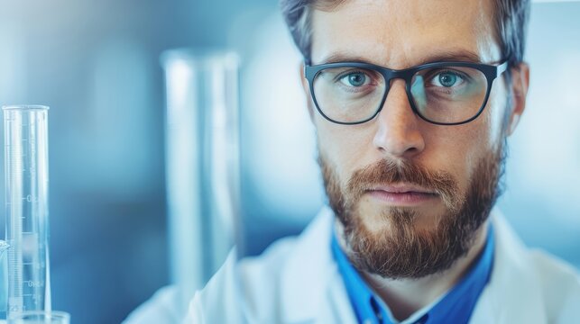 Scientist in a laboratory wearing glasses and a lab coat, focusing on a scientific experiment with test tubes in a modern research facility.