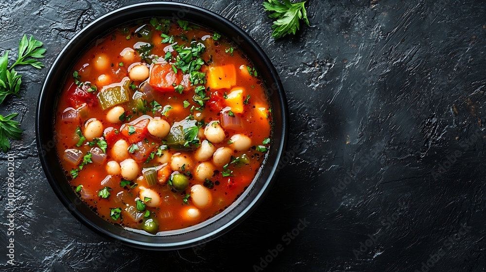 Poster bean soup in a black bowl dark background copy space top view : generative ai