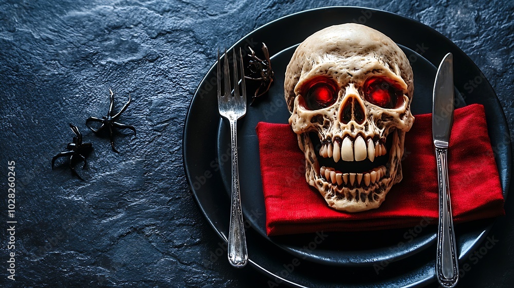 Poster halloween holiday table setting decoration with vampire teeth and red napkin black slate background 