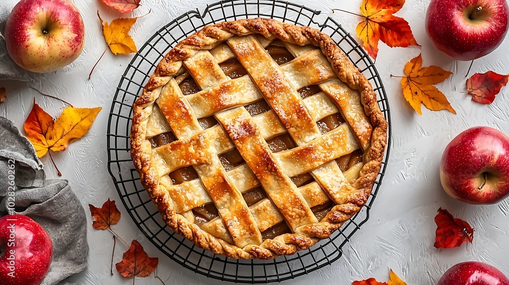 Poster apple pie on a cooling rack grey background close up top view : generative ai