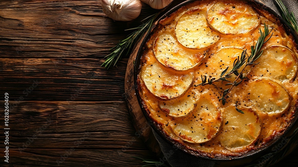 Poster potato gratin backed potato slices with creamy sauce top view copy space : generative ai