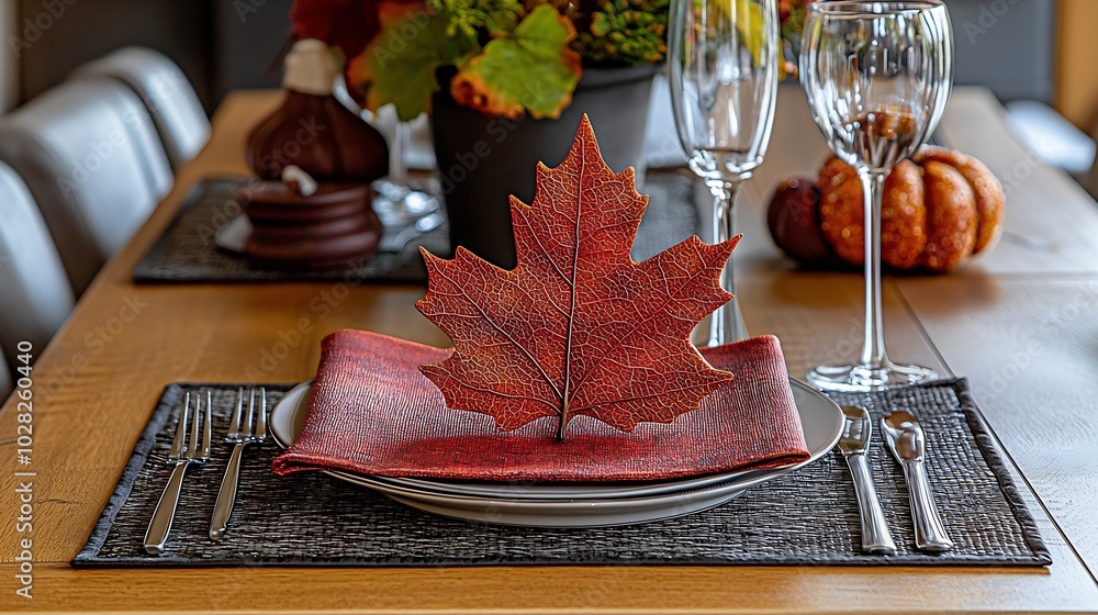 Aufkleber placemat oak leaf design autumn fall thanksgiving halloween table setting top view copy space : gene