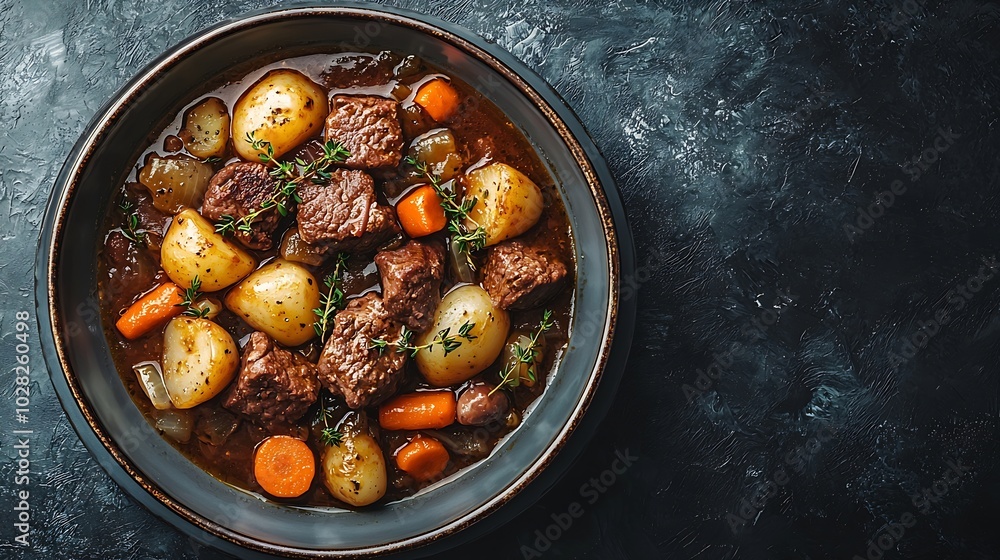 Poster Beef bourguignon stew with vegetables Grey background Copy space Top view : Generative AI
