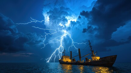 Fototapeta premium Ship In A Lightning Storm Over The Ocean At Night