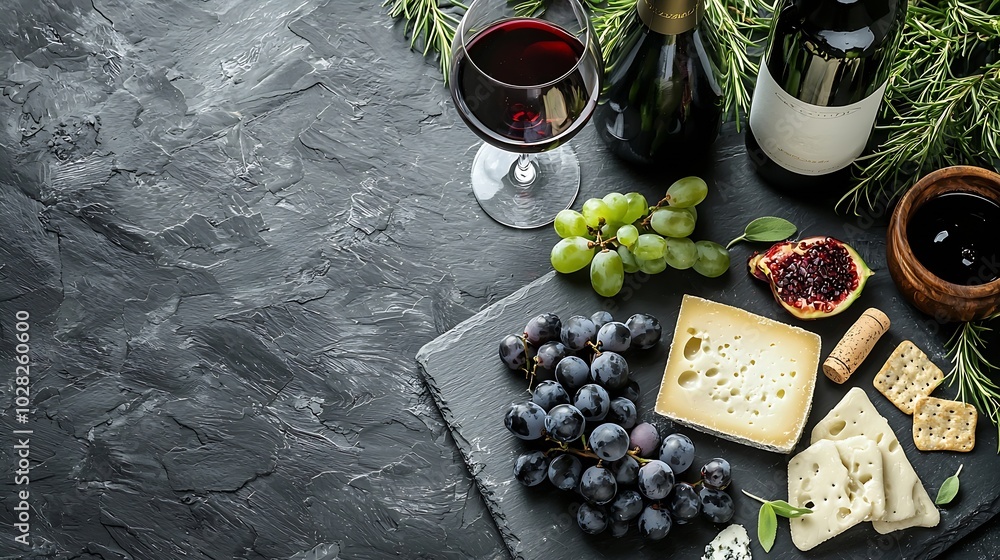Poster cheese assortment on slate cutting board with wine grey background top view copy space : generative 