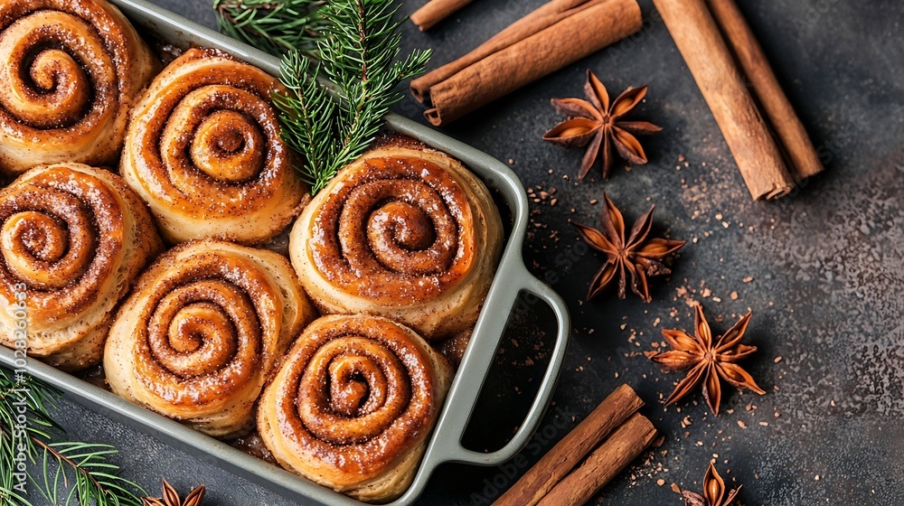 Aufkleber cinnamon buns cinnabons in baking dish grey background close up top view : generative ai