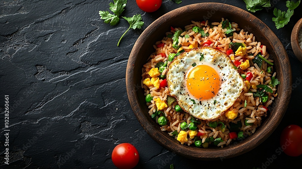 Poster asian fried rice with egg and vegetables dark slate background copy space top view : generative ai