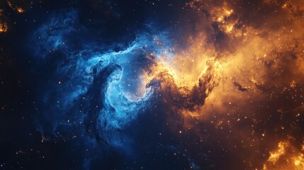 Obraz premium A vibrant cosmic scene featuring swirling blue and orange nebulae in deep space.