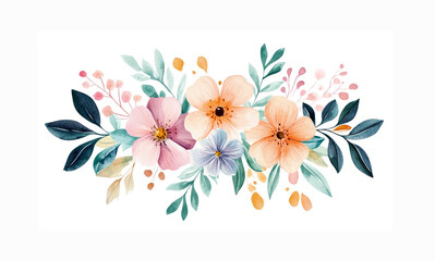 Obraz premium Watercolor colorful floral bouquet isolated on white background, Perfect wedding stationary, greetings, fashion, background