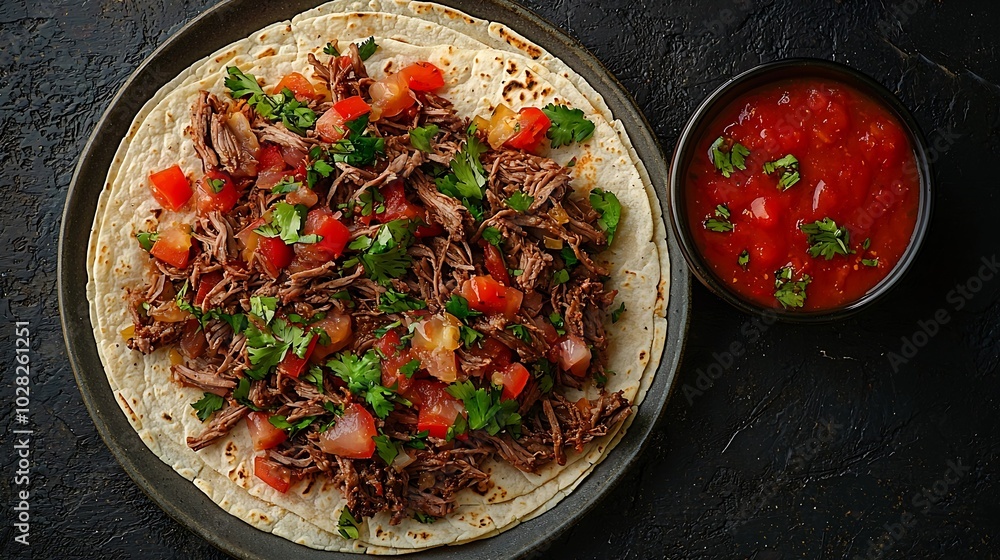 Poster mexican shredded beef with tortillas vegetables and sauce grey background copy space top view : gene