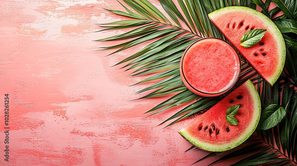 Aufkleber watermelon smoothie fresh juice on colorful wooden background with palm leaves top view copy space :