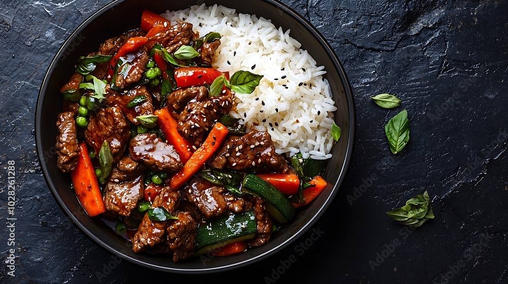 Poster beef and vegetables stir fry in a pan and rice blue stone background top view : generative ai