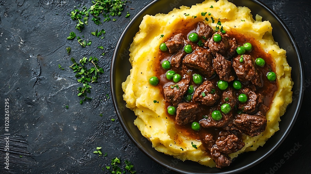 Aufkleber Mashed potatoes with beef meat and green peas in bowl Grey background Copy space Top view : Generative AI