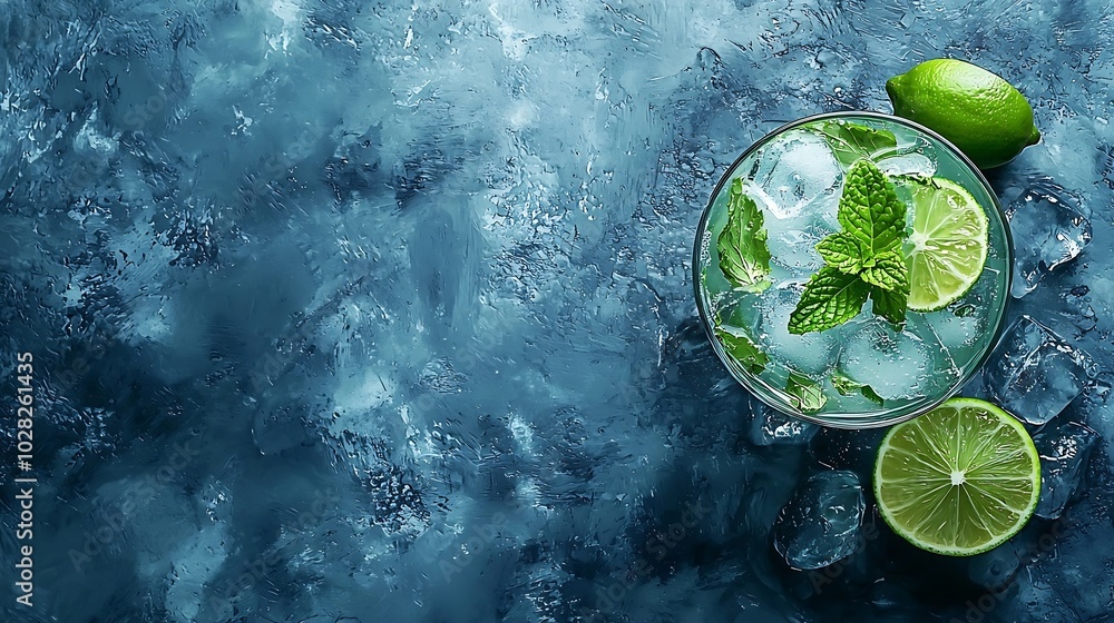 Poster mojito cocktail with lime and mint in highball glass on a grey stone background top view copy space 