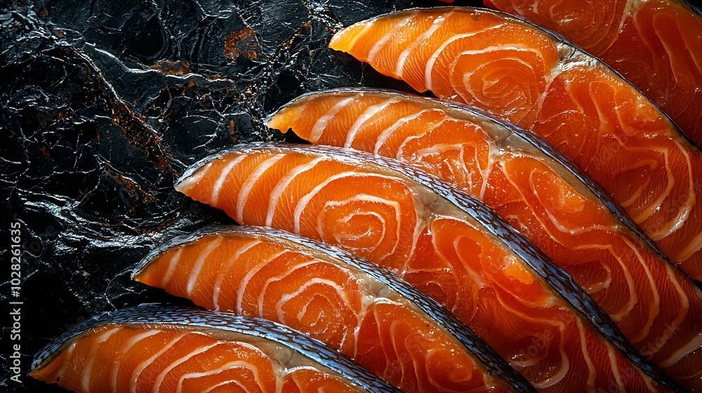 Poster salmon fish fillet texture dark marble background close up top view : generative ai