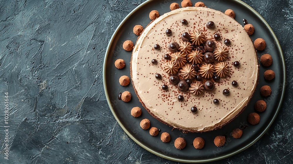 Poster tiramisu cake with chocolate decotaion on a plate grey stone background top view copy space : genera