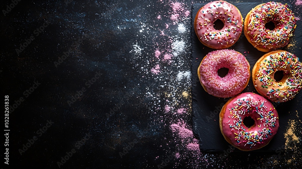 Poster donuts with sugar powder on slate board flat lay composition dark background top view : generative a