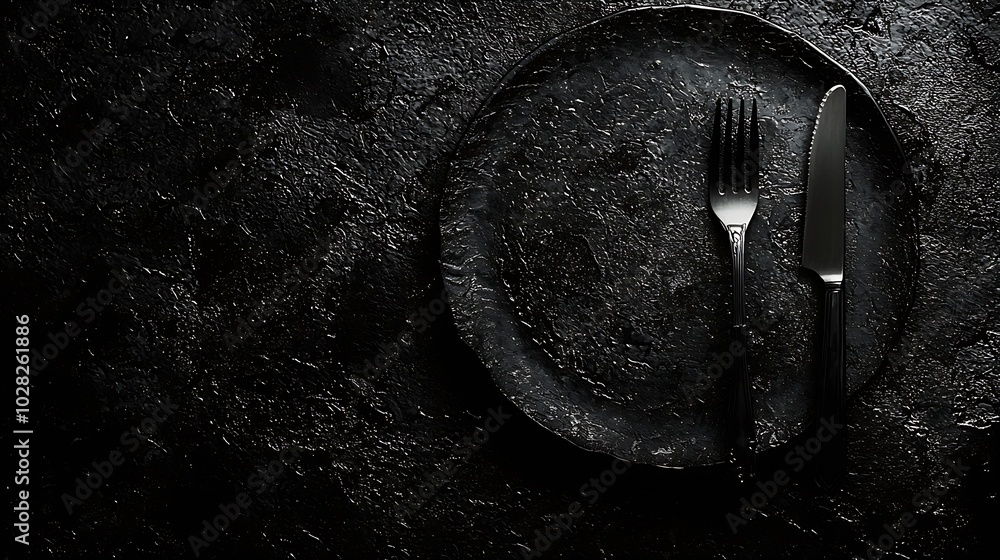 Poster Plate with fork and knife Dark background Copy space Top view : Generative AI
