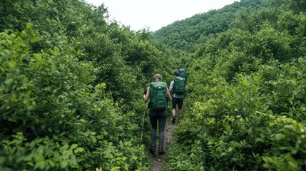 Hiking Group Trekking Through Lush Forest Trail