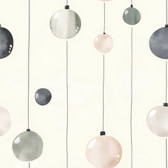 Simple watercolor Christmas ornaments, gently hanging on thin lines, set on a soft beige background, muted tones, seamless design