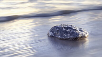 Smooth, Wet Rock on a Sandy Beach with Gentle Waves