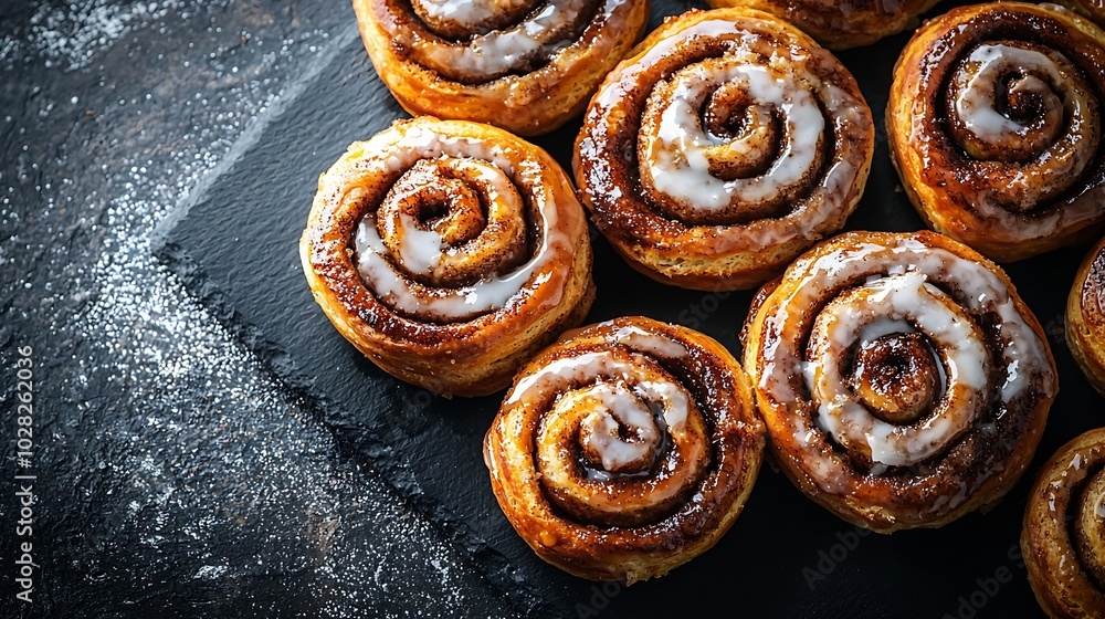 Poster cinnamon rolls cinnabons on black plate grey background copy space top view : generative ai