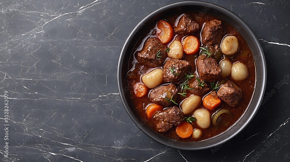 Poster Beef bourguignon stew with vegetables Grey background Copy space : Generative AI