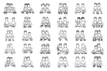 Bundle Line Art Love Twin Child Cute Brother adorable twin brothers Illustration Hand Drawn Clipart