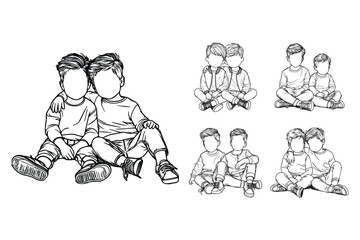 The clipart captures a sweet moment between twin brothers in chibi art form