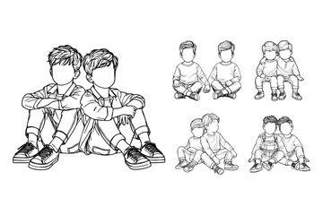 In black and white, a cute twin child brother is illustrated in a loving pose