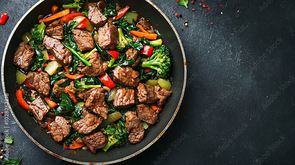 Poster beef and vegetables stir fry in a pan dark background copy space top view : generative ai