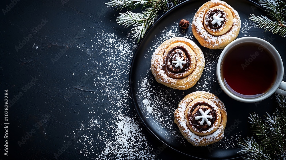 Poster cinnamon rolls buns cinnabons on black plate with cup of tea dark background copy space top view : g