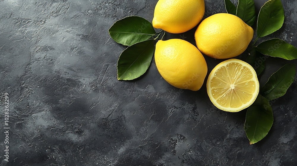 Aufkleber fresh lemons on grey background close up top view : generative ai