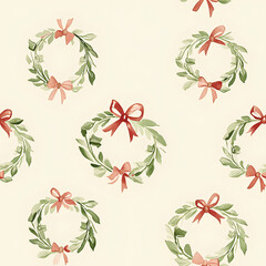 Simple watercolor Christmas wreaths with bells and bows, light green and red tones, floating on a soft cream background, seamless pattern