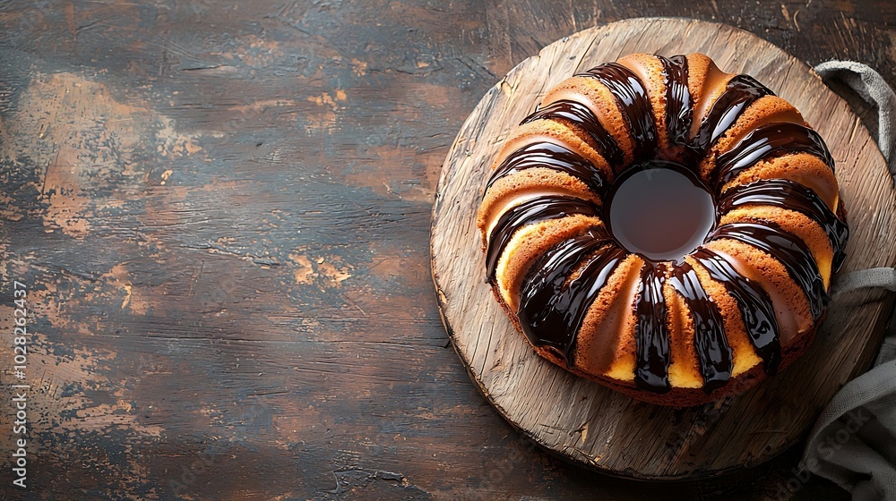 Poster chocolate marble bundt cake with a cup of tea on wooden table top view copy space : generative ai