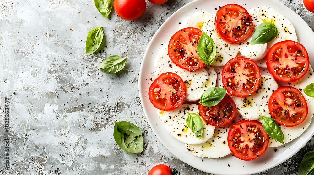 Poster caprese salad with tomatoes mozzarella cheese and basil on a white plate marble background close up 