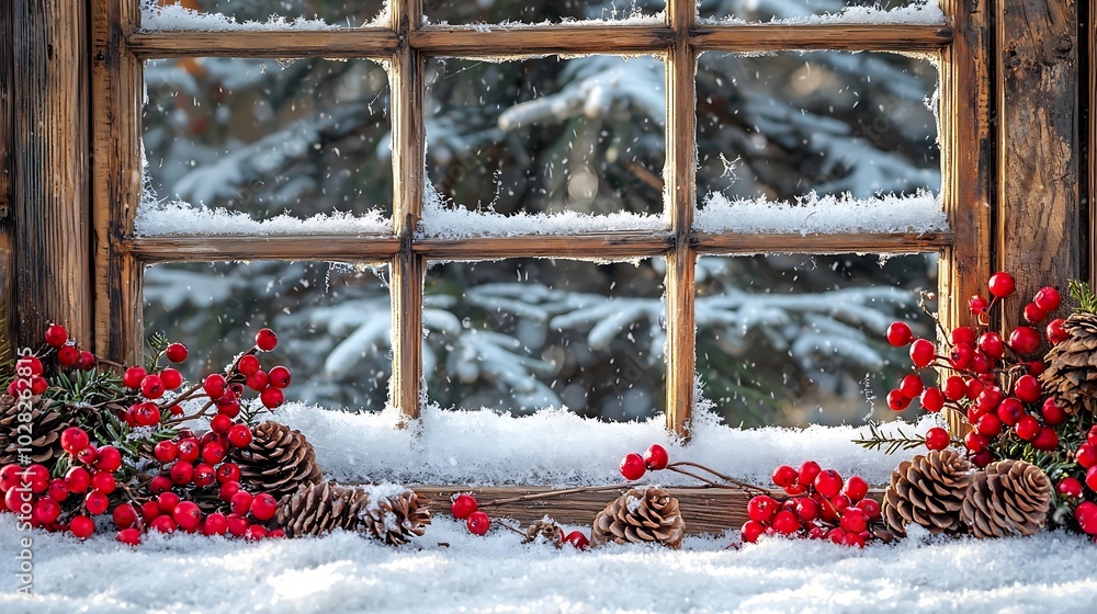 Poster wooden frame window with red berries hawthorn snow and cones christmas happy new year background : g