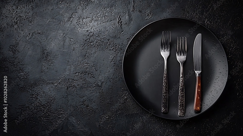 Poster plate with fork and knife dark background copy space top view : generative ai