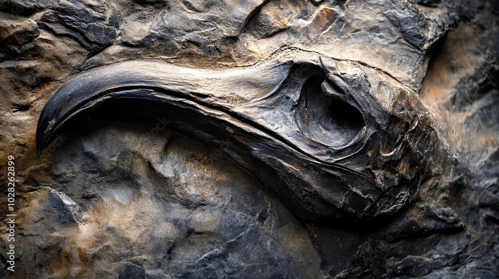 Poster fossilized bird skull embedded in rock