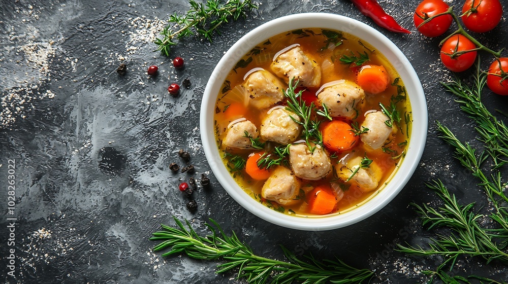 Poster chicken soup with vegetables in white bowl grey background top view : generative ai