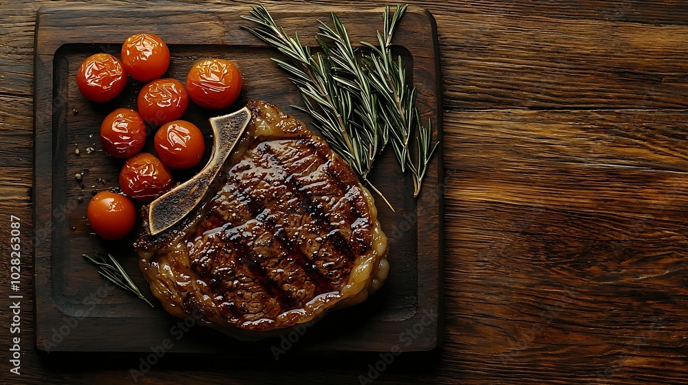 Poster beef steak with cherry tomato and rosmary on a dark cutting board wooden background top view copy sp