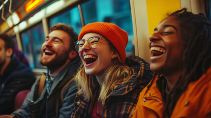 Obraz premium A group of friends enjoying a train journey with laughter.