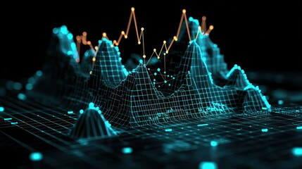 Futuristic Data Visualization with 3D Wireframe and Line Graphs