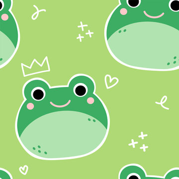 cute green frog cartoon character doodle seamless pattern