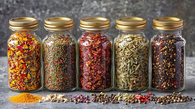 Assortments of spices white pepper chili flakes lemongrass coriander and cumin seeds in jars on grey stone background Copy space : Generative AI