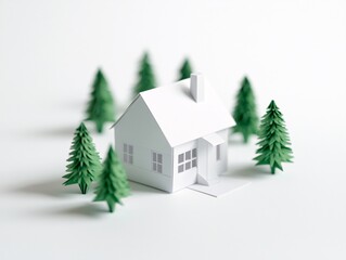 2408 21.A minimalist paper origami house, isolated on a clean white background, surrounded by small green trees. The concept evokes rural living, with the house representing the idea of downsizing
