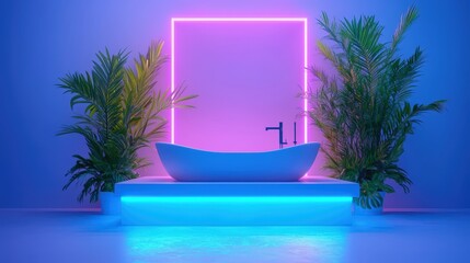 Fototapeta premium Modern Bathroom Interior Design with Freestanding Tub and Neon Lights