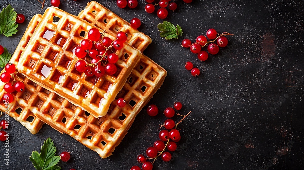 Aufkleber belgian waffles with fresh red currant berries grey background copy space top view : generative ai